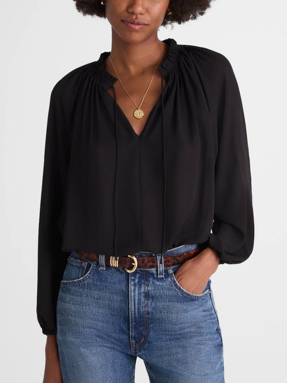 Madewell Long-Sleeve Semisheer Lightweight Ruffled Tie-Neck Top Black Size S NWT
